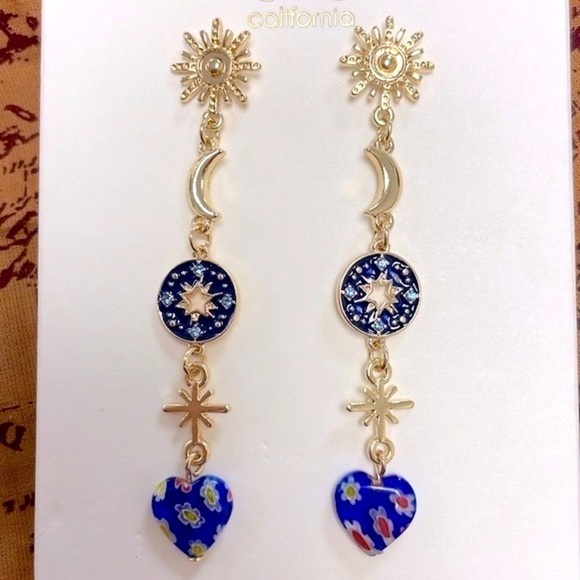 Brand New C&C California Gold Tone Blue Flower Heart Moon Star Drop Earrings - Picture 4 of 14